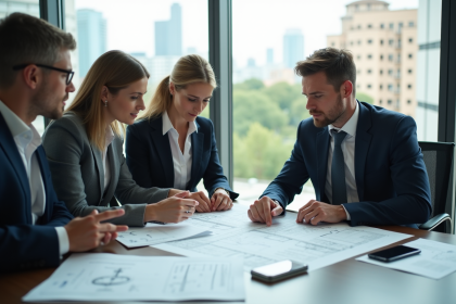 Groupe de professionnels examinant des plans architecturaux et rapports durables