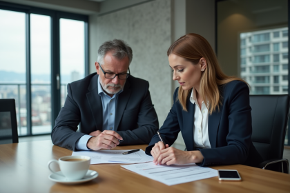 Couple d'affaires examinant des documents immobiliers