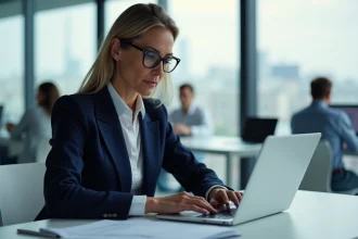 Femme professionnelle consultant les conditions de confidentialité et données personnelles sur un site web en entreprise