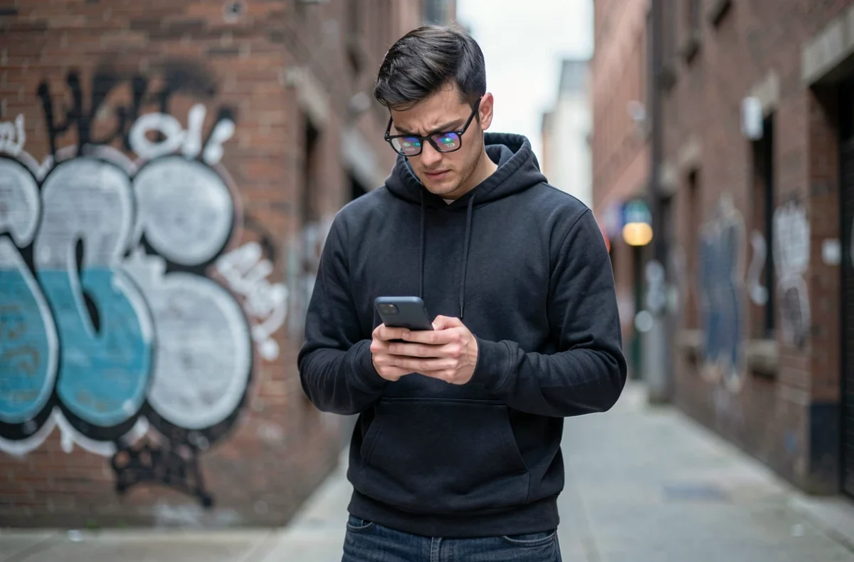 Jeune homme en ville consultant son smartphone avec plusieurs profils de réseaux sociaux ouverts
