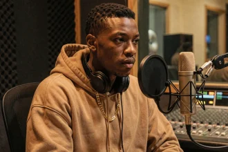 Jeune rappeur en studio d'enregistrement avec micro professionnel et casque audio, expression concentrée