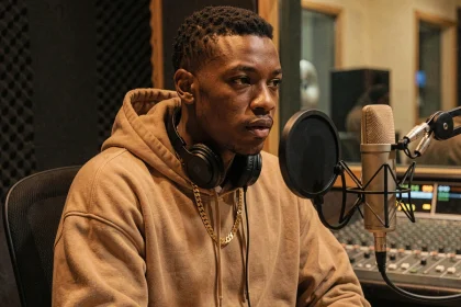 Jeune rappeur en studio d'enregistrement avec micro professionnel et casque audio, expression concentrée