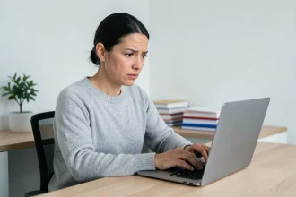 Femme cherchant la bonne adresse d'un site web sur son ordinateur portable dans un bureau à domicile