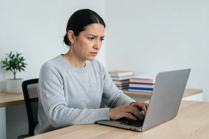 Femme cherchant la bonne adresse d'un site web sur son ordinateur portable dans un bureau à domicile