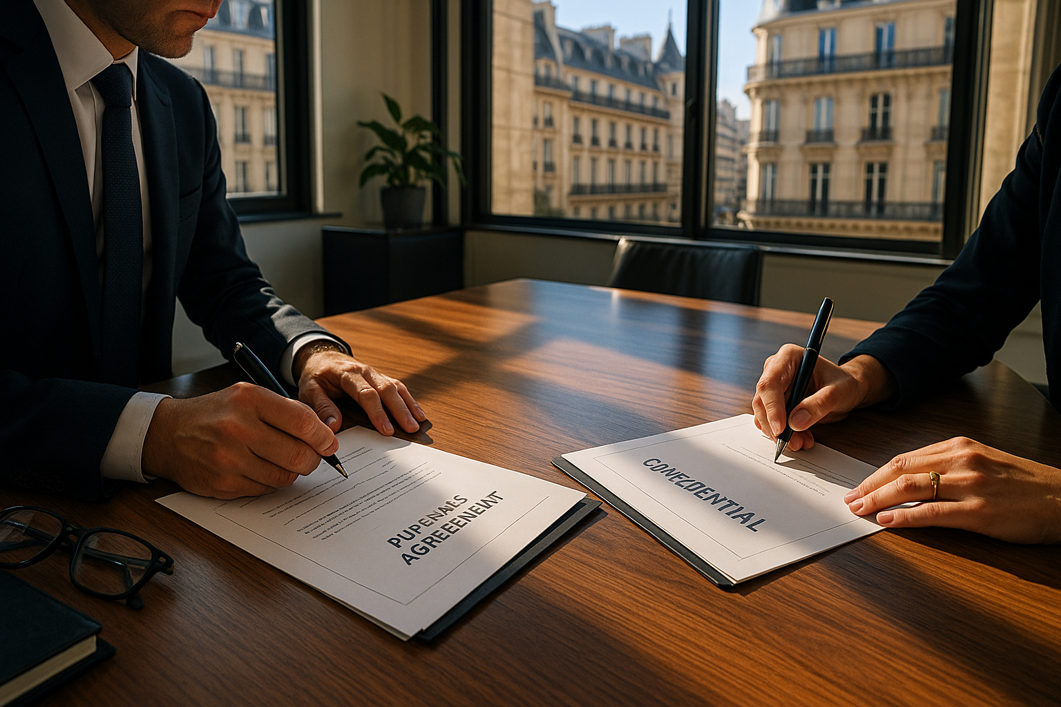 Réunion confidentielle dans un bureau parisien lumineux