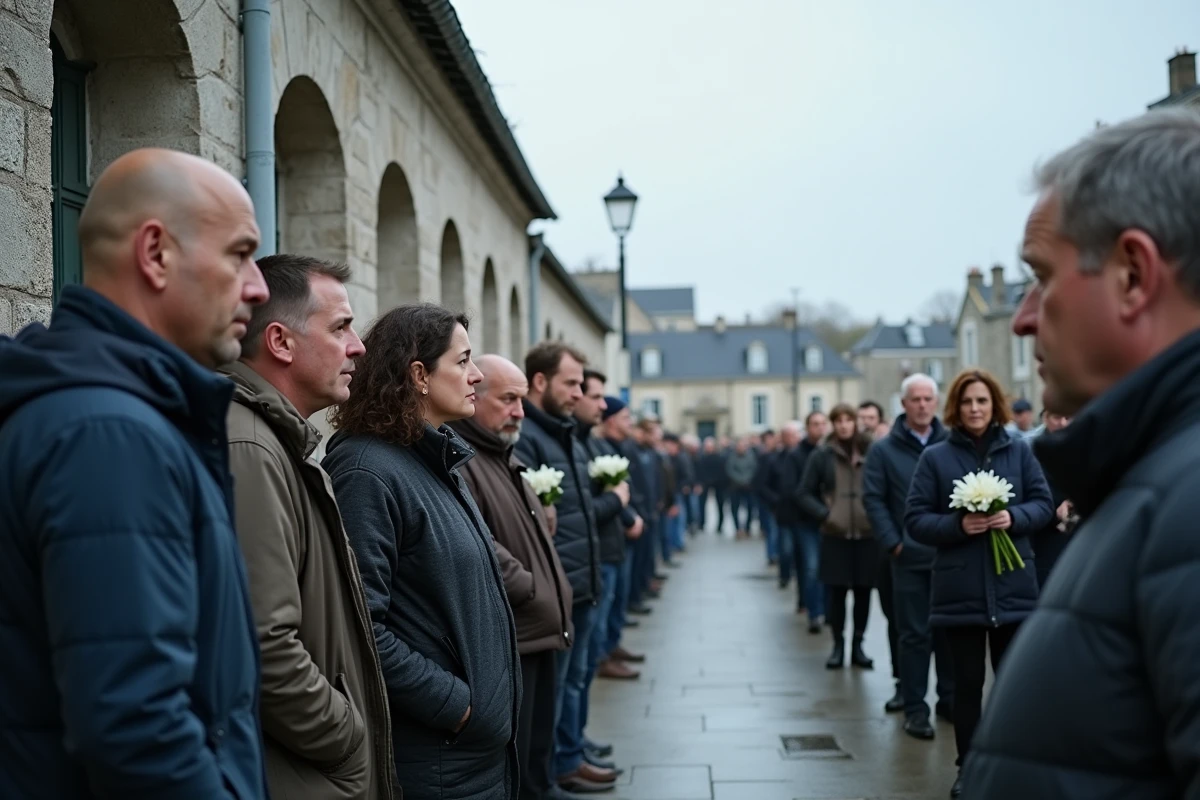 Riverains rassemblés en hommage aux victimes d'un accident à Lorient, fleurs déposées sur un trottoir breton