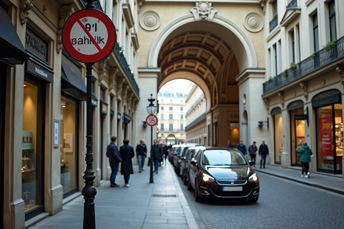 Vue de la Rue Vivienne à Paris avec panneaux de stationnement et voitures garées devant la Galerie Vivienne