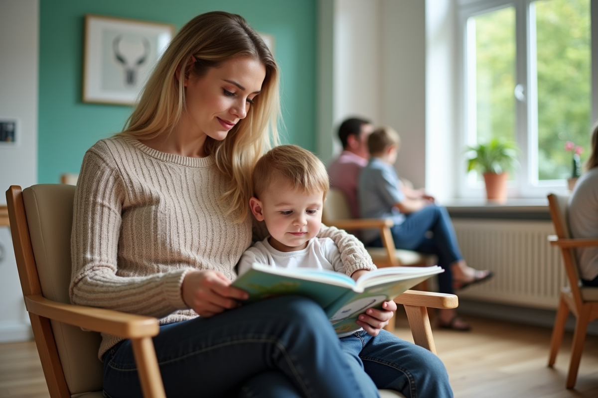 Salle d attente d une clinique dentaire avec mère et enfant lisant