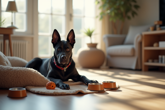 Salon familial prêt pour chiot Cane Corso avec panier et jouets