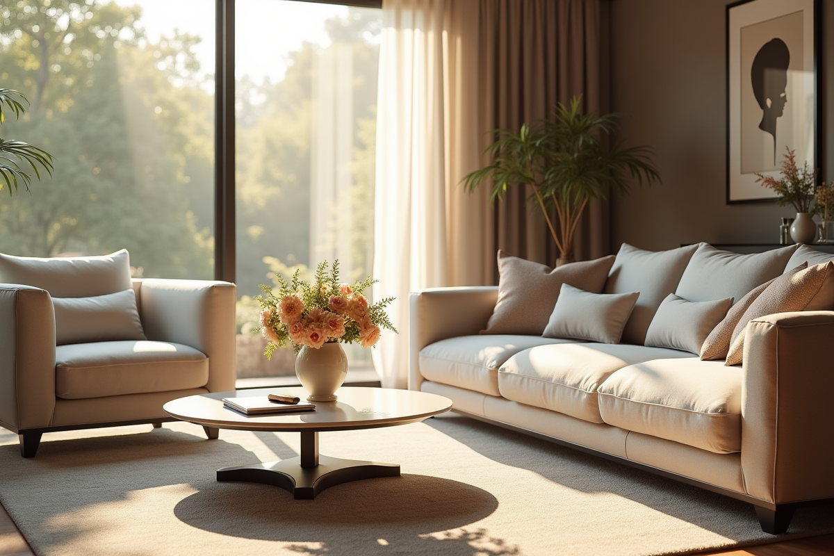 Salon lumineux avec mobilier design et fleurs fraîches