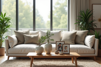 Salon moderne avec grande fenetre et decor cozy