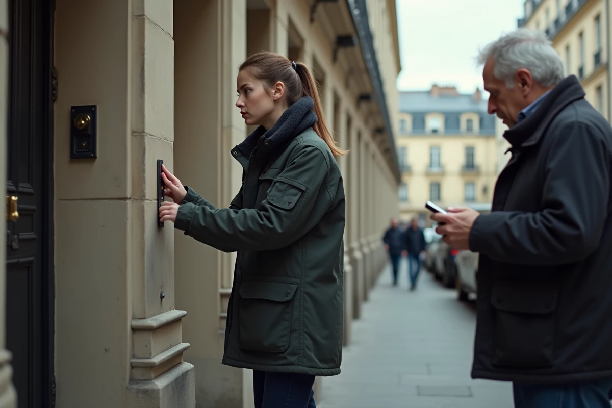 Serrurier ouvrant une porte dans une rue parisienne