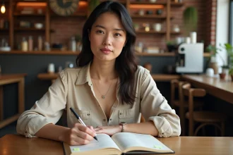 Femme annotant un dictionnaire anglais-français dans un café pour comprendre les différents sens du mot tips en anglais