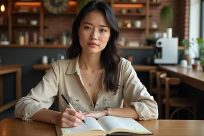 Femme annotant un dictionnaire anglais-français dans un café pour comprendre les différents sens du mot tips en anglais