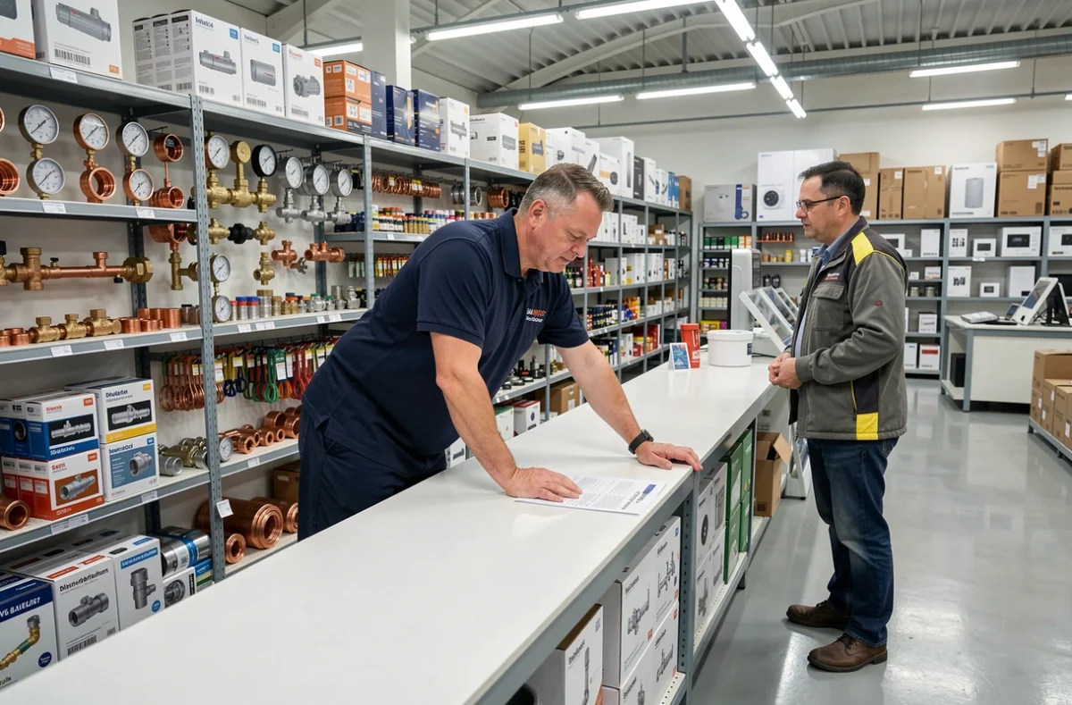Comptoir professionnel SISCA SIDV avec technicien conseillant un artisan sur des matériaux de chauffage