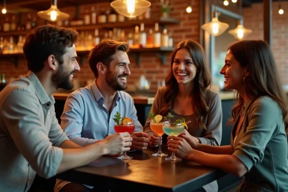 Groupe d'amis profitant d'une soirée cocktail dans un bar tendance de Lille avec verres colorés et ambiance chaleureuse