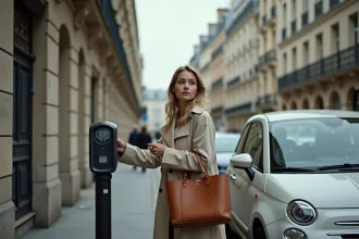 Femme garant sa voiture dans une rue haussmannienne du 2e arrondissement de Paris près de la Rue Vivienne