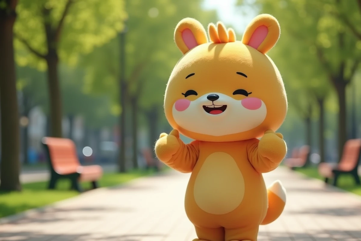 Personnage costume Tchoupie dans un parc public verdoyant avec des arbres et allées en arrière-plan