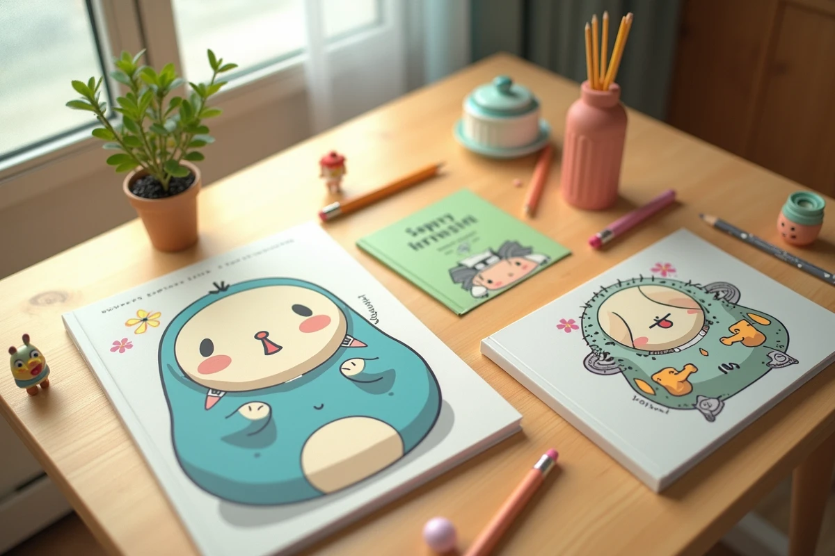 Assortiment de livres et figurines Tchoupie disposés en flat-lay sur une table en bois clair avec crayons de couleur