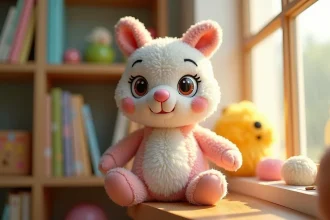 Personnage mascotte Tchoupie en peluche posé sur une étagère en bois dans une salle de jeux colorée pour enfants