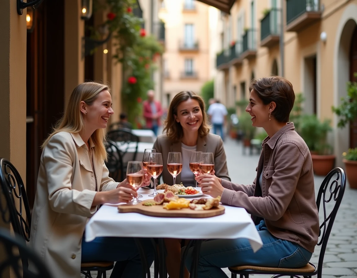 Groupe d'amis attablés en terrasse dans le quartier Saint-Étienne à Toulouse, partageant une planche charcuterie et du vin rosé