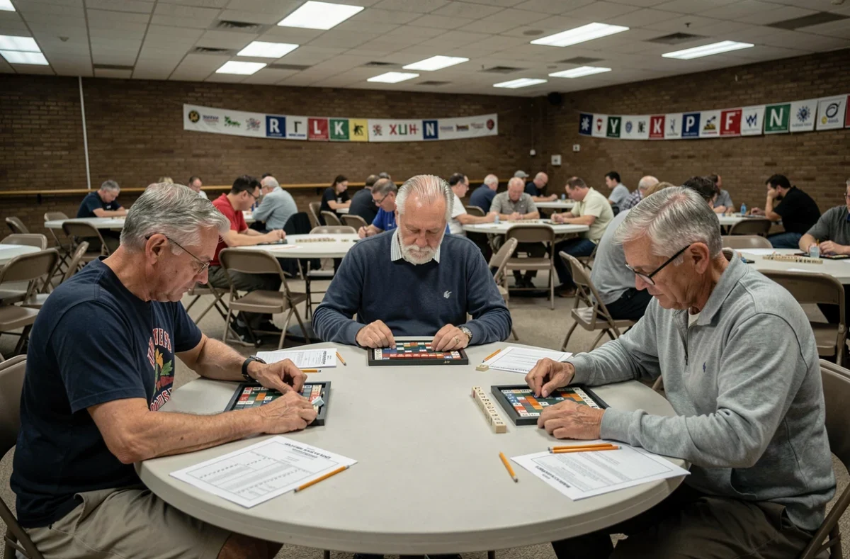 Tournoi de Scrabble en mode duplicate avec plusieurs joueurs concentrés autour de plateaux individuels