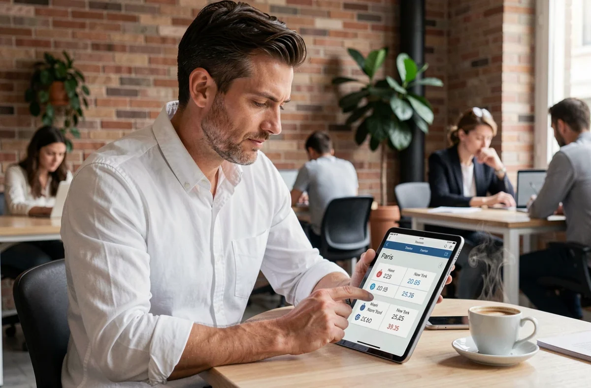 Trader indépendant en espace de coworking comparant les fuseaux horaires Paris et New York sur tablette