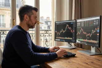 Trader parisien analysant les horaires de bourse de New York sur double écran dans un appartement haussmannien