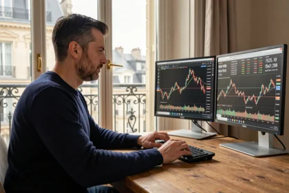 Trader parisien analysant les horaires de bourse de New York sur double écran dans un appartement haussmannien