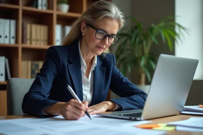 Traductrice administrative annotant des formulaires multilingues dans un bureau professionnel