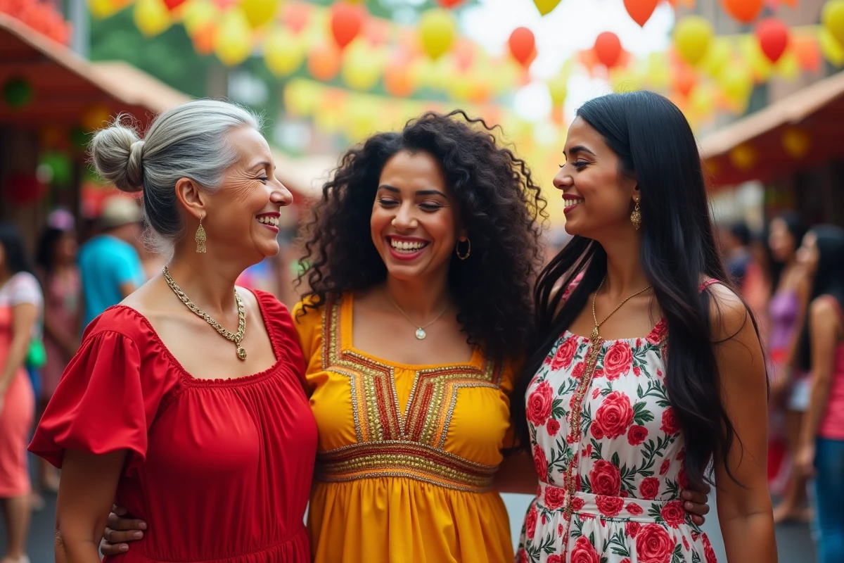 Trois générations de femmes latines en tenues traditionnelles lors d'un festival culturel caribéen, symbolisant l'héritage latino de Jennifer Lopez