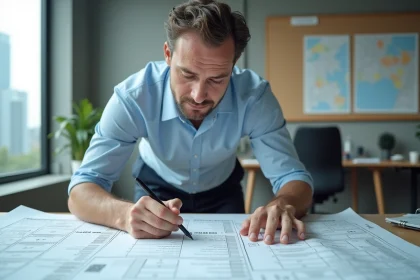 Urbaniste masculin travaillant sur des cartes de zonage avec des conversions d'hectares en mètres carrés dans un bureau moderne
