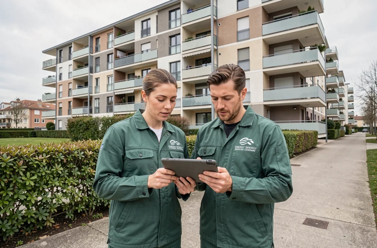 Équipe Veolia Habitat Services en uniforme devant un immeuble résidentiel à Toulouse pour une intervention de maintenance