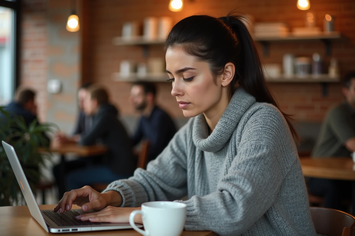 Femme vérifiant la fiabilité d'un site internet sur un ordinateur portable dans un café urbain