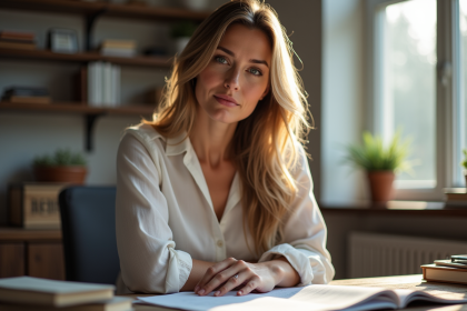 Veronika Thielová assise à un bureau en bois avec lumière naturelle