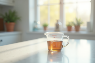 Verre mesureur de cuisine rempli à 30 ml sous lumière douce du matin