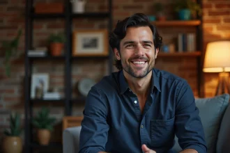 Portrait d'un homme dans son appartement cosy, illustrant la vie privée et l'intimité d'un personnage public