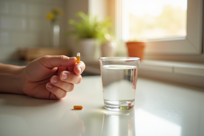 Main tenant une vitamine B12 près d'un verre d'eau en cuisine