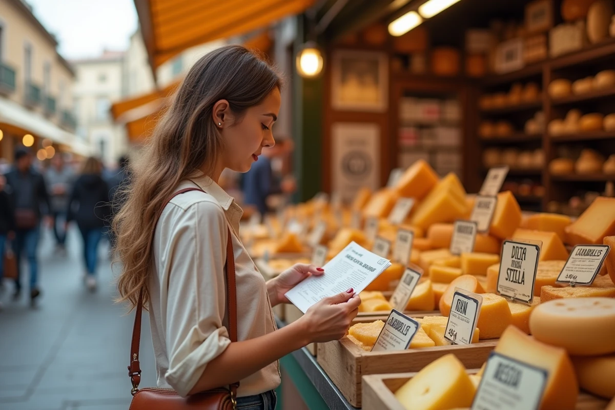 Jeune femme apprenant le vocabulaire du fromage en espagnol devant un étal de marché en Espagne