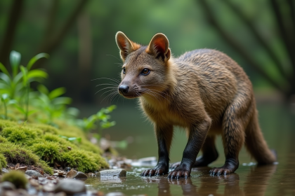 Yapock sur la rive en forêt humide en plein jour