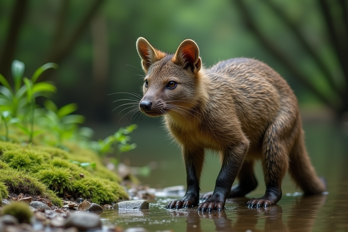Yapock sur la rive en forêt humide en plein jour